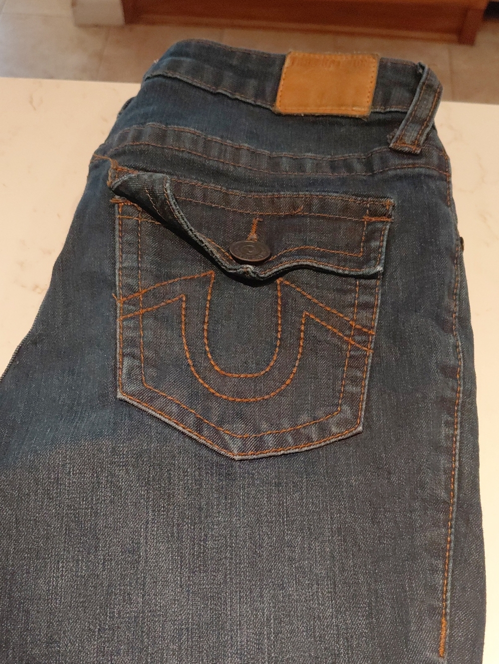 True Religion Straight Leg Dark Blue Jeans with Back Pocket Flap